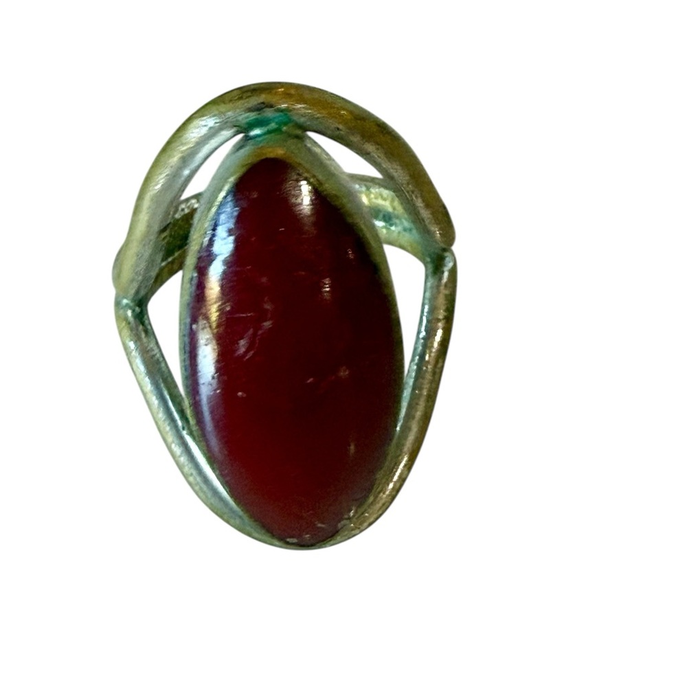 Vintage ATI BR Mexico Brass Ring | Red Cabochon Stone Size 7.5 Boho Modernist